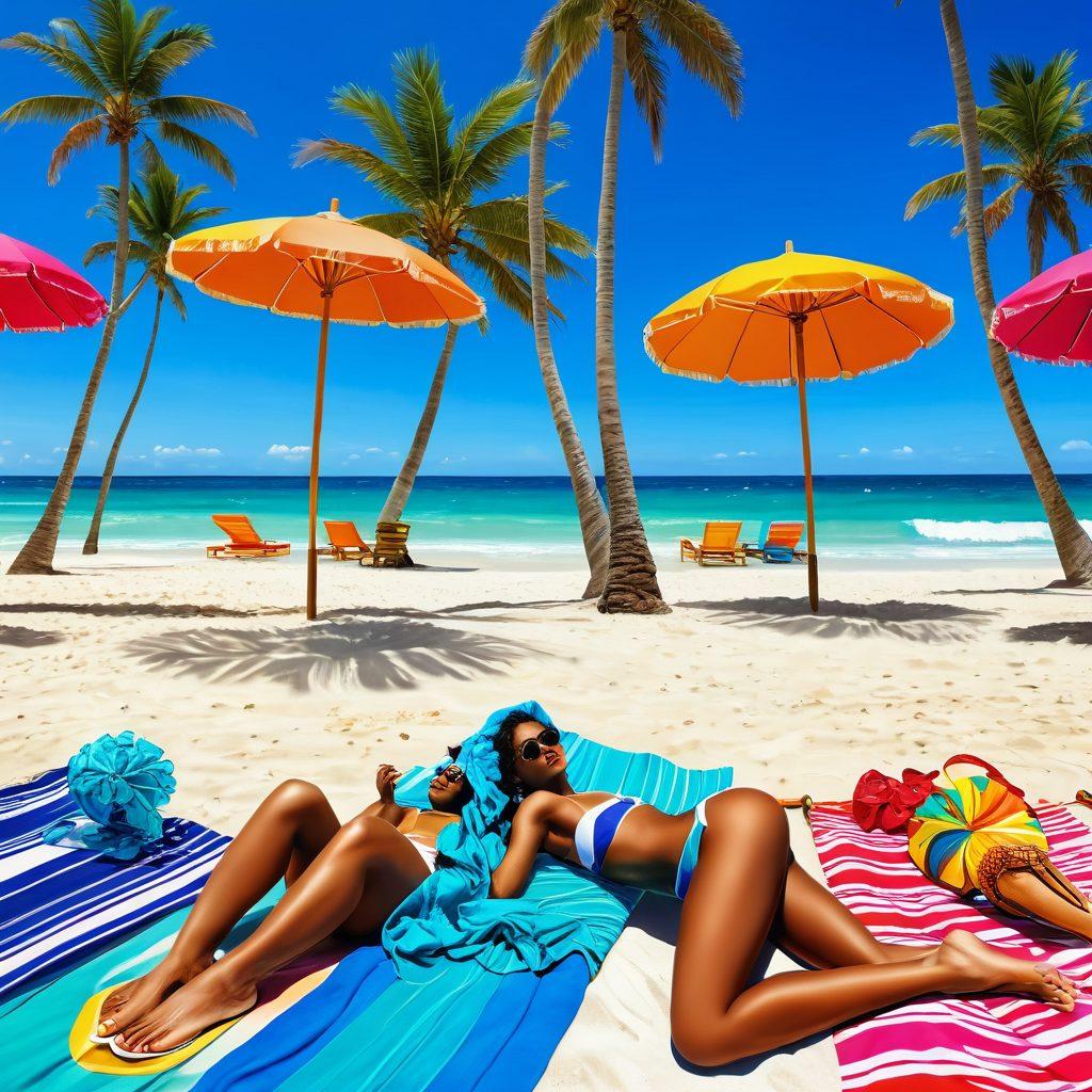 A sunny beach scene with vibrant summer colors, featuring stylish women of diverse backgrounds wearing trendy thongs and bikinis. The background shows crystal-clear ocean waves and colorful beach umbrellas, while the foreground includes tropical beach accessories like sunglasses and beach towels. Incorporate playful elements like palm trees swaying in the breeze. A bright blue sky completes the summer vibe. super-realistic. vibrant colors. 3D.