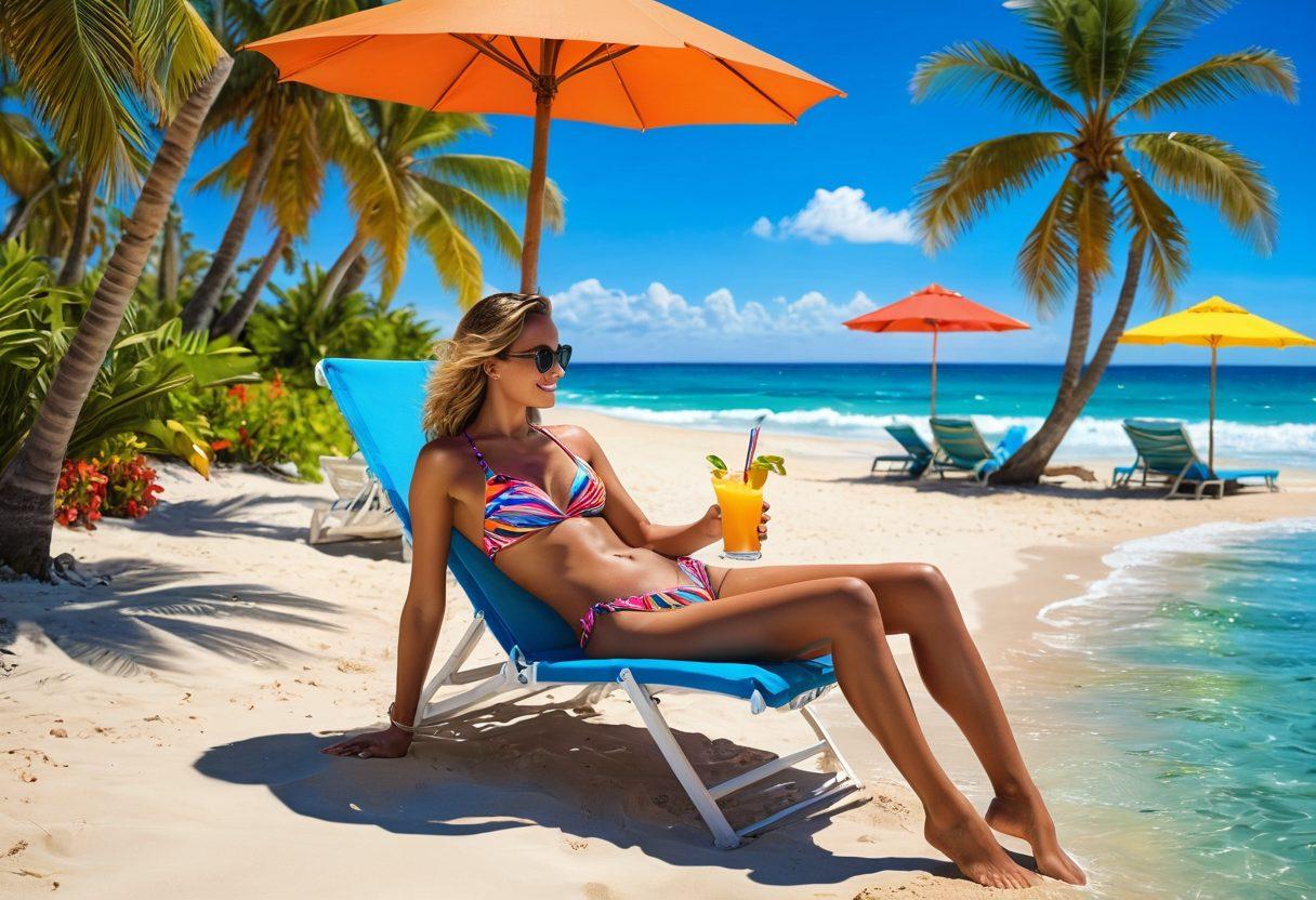A vibrant beach scene featuring a stylish woman in a chic swimsuit, lounging poolside with tropical drinks, surrounded by colorful beach umbrellas and palm trees. In the background, a beautiful ocean waves against the shore with playful kids building sandcastles. The sunlight sparkles on the water creating a joyful ambiance. The atmosphere exudes relaxation and fashion forwardness, depicting the transition from pool to beach. super-realistic. vibrant colors. sunny background.